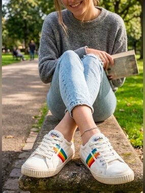 Gola White Canvas Sneakers with Rainbow Side Stripes